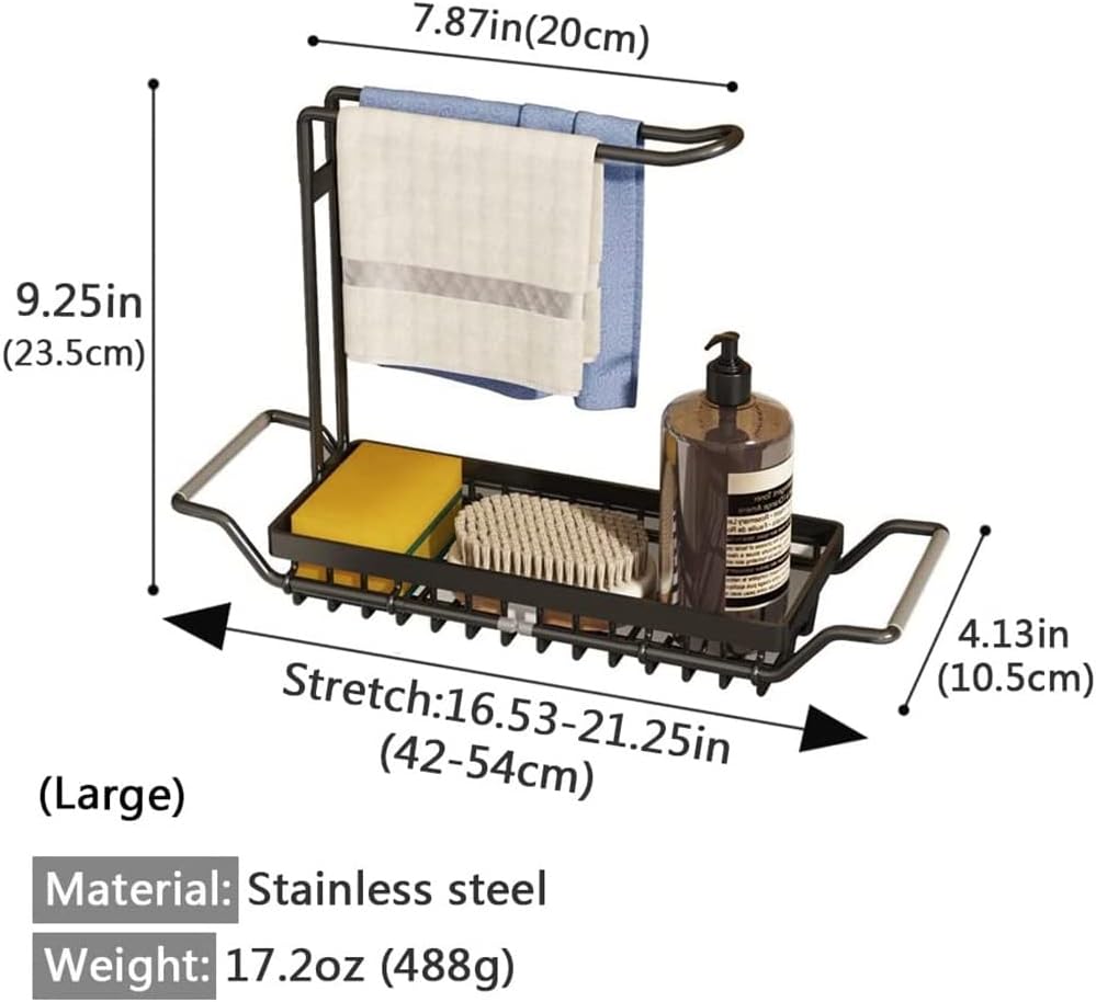 Sponge Holder for Kitchen Sink Caddy, Stainless Steel Telescopic Sink Storage Rack Holder, Expandable (16.7"-21.5") Kitchen Sink Organizer Drying Rack with Soap Dishcloth Towel Holder (Black)