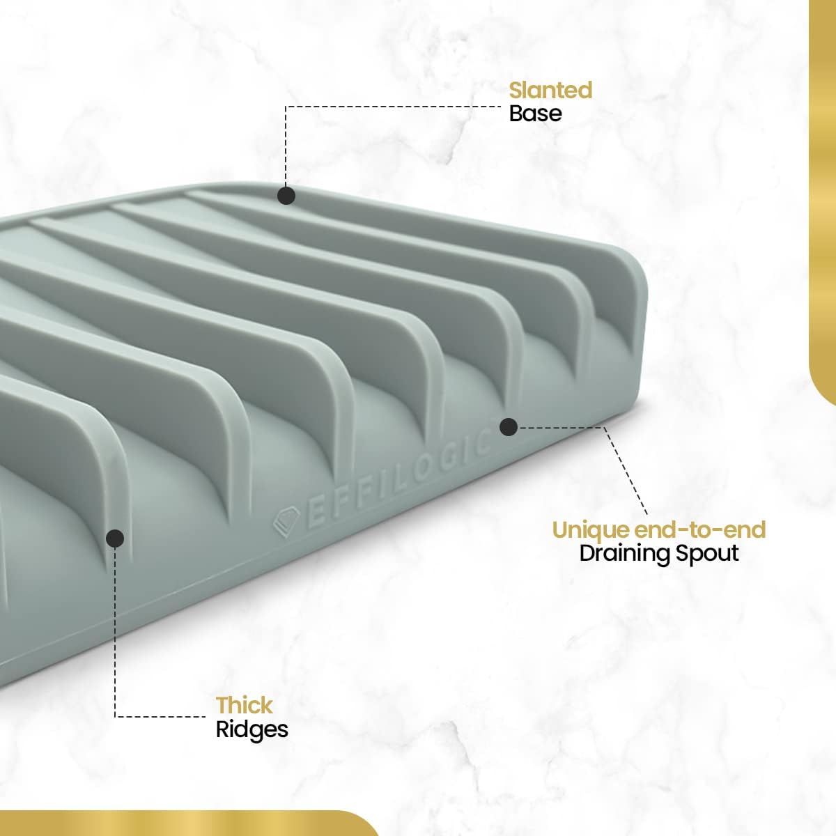 Effilogic Silicone Sponge Holder – Self-Draining Kitchen Sink Organizer, Quick Dry Mat and Counter Protector – Dishwashing Accessories for Sponges, Brushes, and Soap - Medium Grey