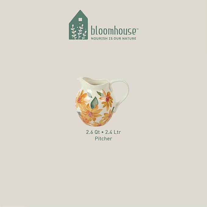 Bloomhouse Pitcher & Vase Hand-Painted Sunnyflower 2.6-Quart Stoneware