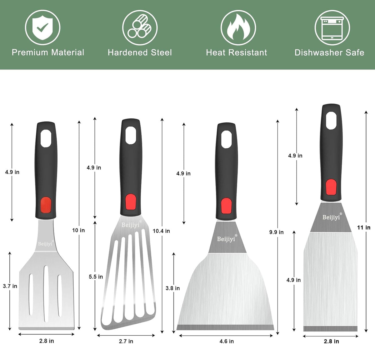 Beijiyi Stainless Steel Spatula Set, 4 Pack Small Metal Turner Spatulas for Kitchen Use, Cooking Utensils with Silicone Handle, Flipper Spatula for Fish, Egg, Smash Burger and Cookie Serving