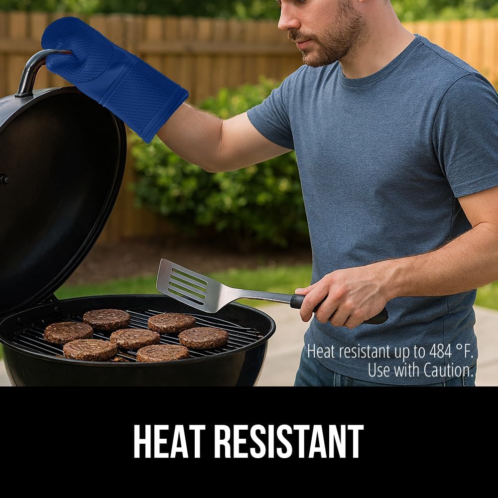 GORILLA GRIP BPA-Free Soft Silicone Oven Mitts, Heat Resistant and Waterproof Cooking Gloves, Thick Cotton Lining, Flexible Gripping for Baking Grilling, Kitchen Potholders Set of 2, 12.5x8.3, Blue