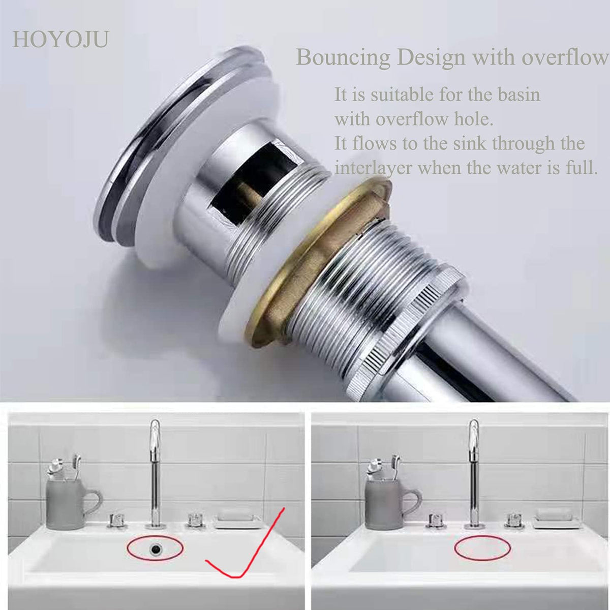Pop Up Sink Drain with Overflow Bouncing Style Stopper Brass Polished Chrome for Bathroom