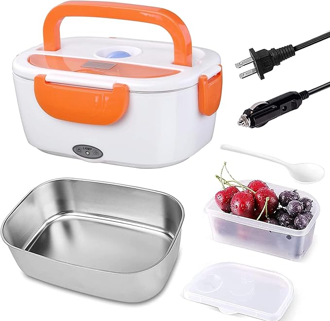 Electric Lunch Box 2 In 1 Food Heater 12V 24V 110V Portable Food Warmer for Car and Home Removable Stainless Steel Heated Bento Box (Orange)