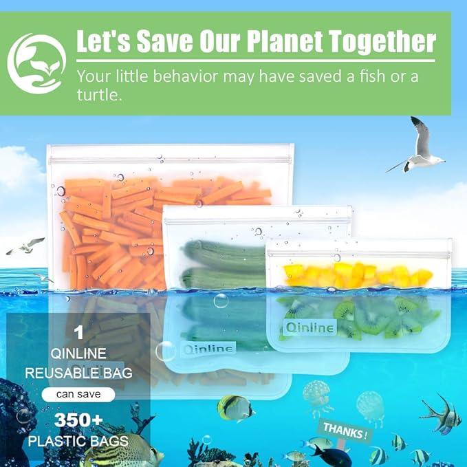 Qinline Reusable Food Storage Bags - 24 Pack Dishwasher Safe Freezer Bags, BPA Free Reusable Bags PEVA material, Leakproof Reusable Lunch Bag for Salad Fruit Travel - 8 Gallon 8 Sandwich 8 Snack Bags