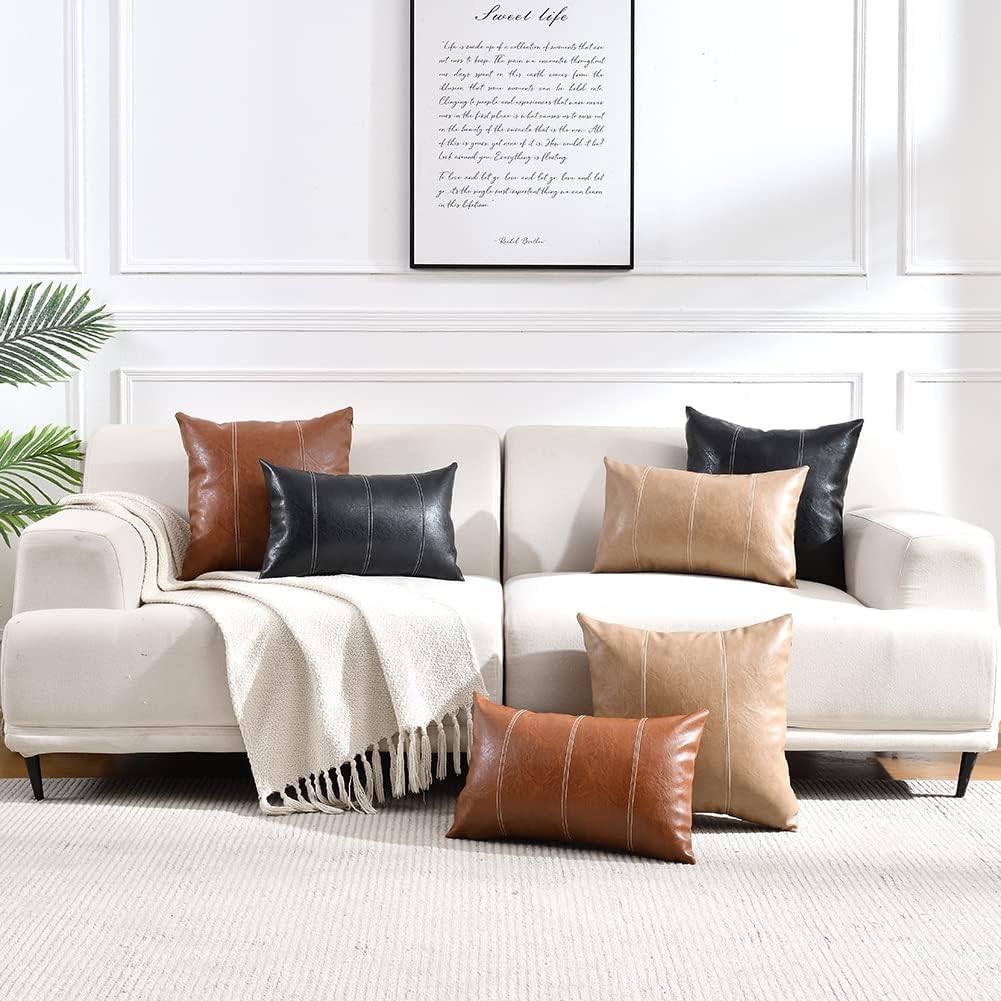 Fancy Homi Tan Long Lumbar Faux Leather Decorative Throw Pillow Covers 12x24 Inch for Living Room Couch Bed, Beige Hand Stitched Cushion Case 30x60 cm, Taupe Modern Farmhouse Home Decor