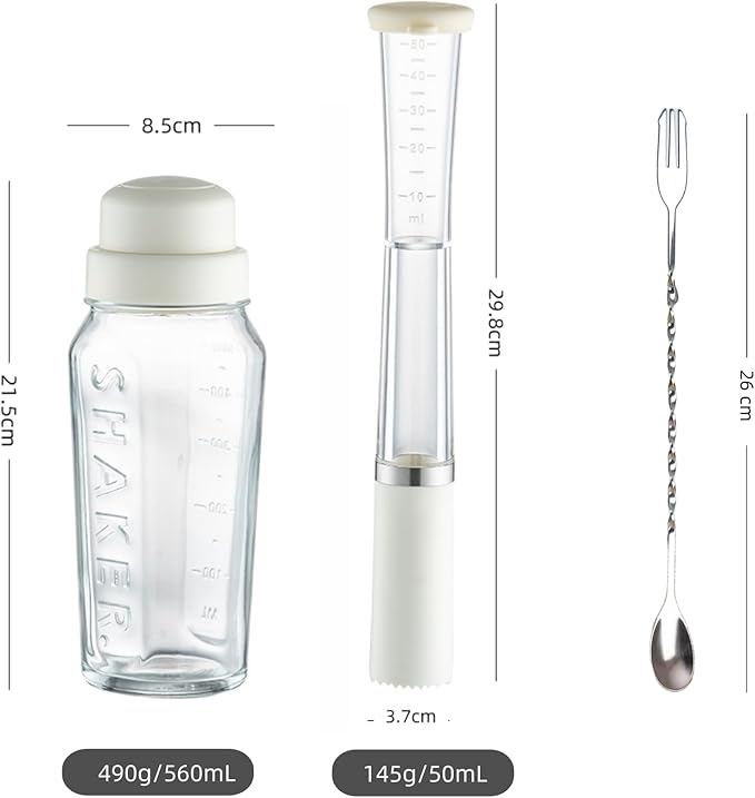 Cocktail Shaker Set-19 oz Glass Martini Shaker with Built-in Strainer,Muddler with Measuring Jigger and Stainless Steel Mixing Spoon, Home Bartender Kit Bar Tool for Margaritas Making, Drinks Mixing