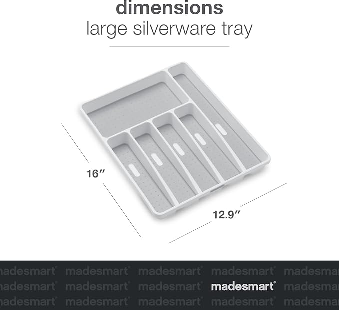 madesmart Classic Large Silverware Tray - White |CLASSIC COLLECTION | 6-Compartments| Kitchen Drawer Organizer | Soft-Grip Lining and Non-Slip Rubber Feet | BPA-Free