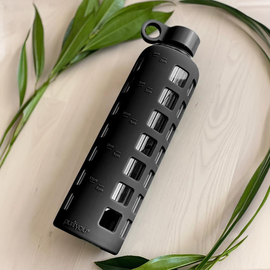 purifyou 40/32 / 22/12 oz Glass Water Bottles with Volume & Times to Drink, Extra Thick Silicone Sleeve, Reusable Bottle for Fridge Water, Milk, Juice (32oz Jet Black)