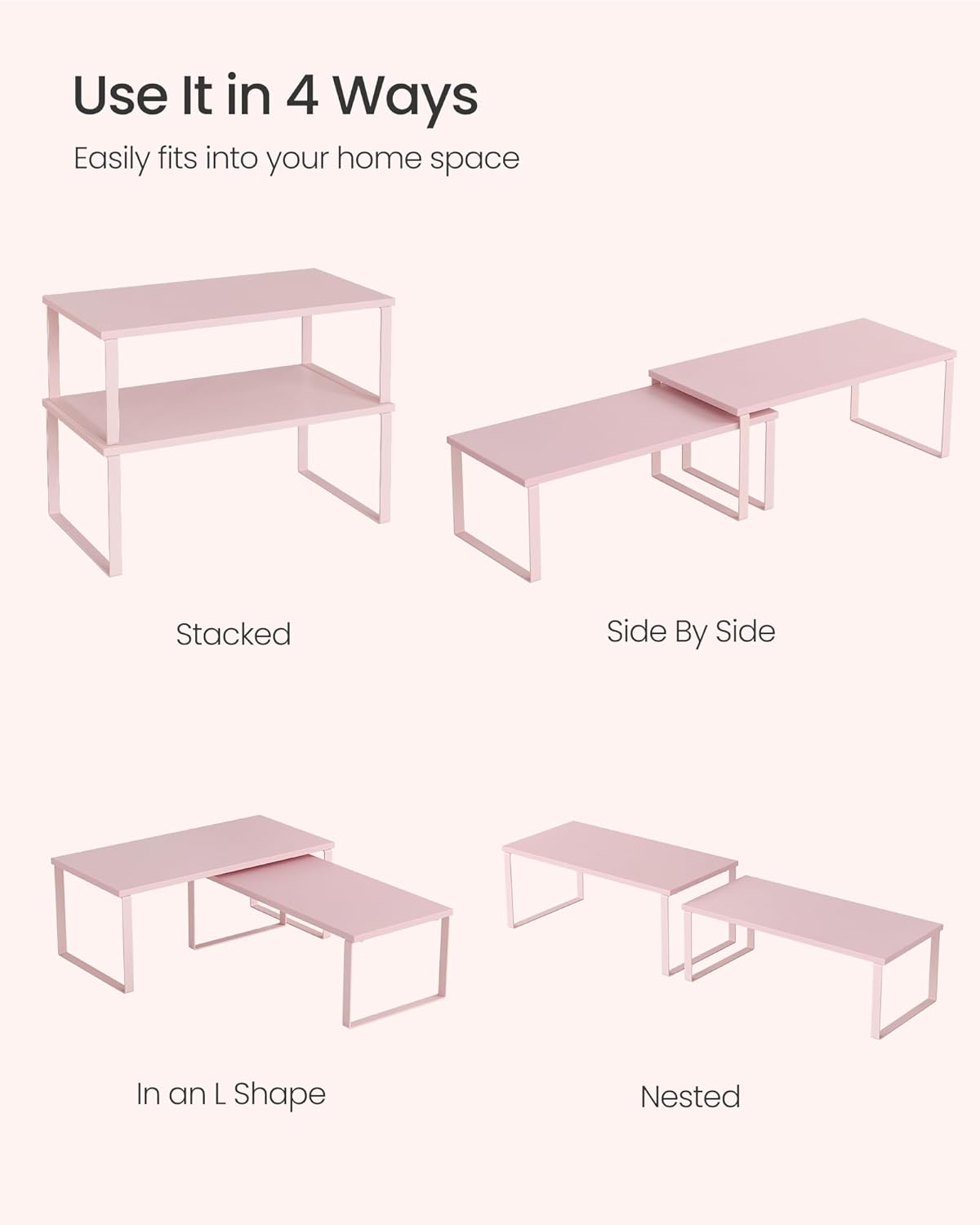 SONGMICS Cabinet Organizer Shelf, Set of 2 Kitchen Counter Shelves, Kitchen Storage, Spice Rack, Stackable, Expandable, Metal and Engineered Wood, Jelly Pink UKCS025S01