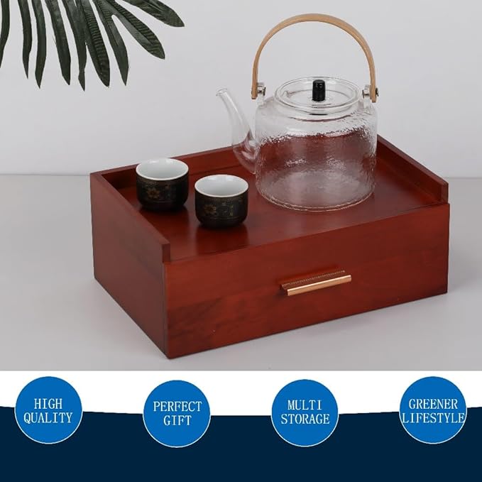Tea Organizers and Storage Box Tea Station Organizer for Countertop with 4 Cotton Woven Coasters Pine Wood Tea Bag Organizer Drawer Teabag Holder with 8 Compartments(Brown01)