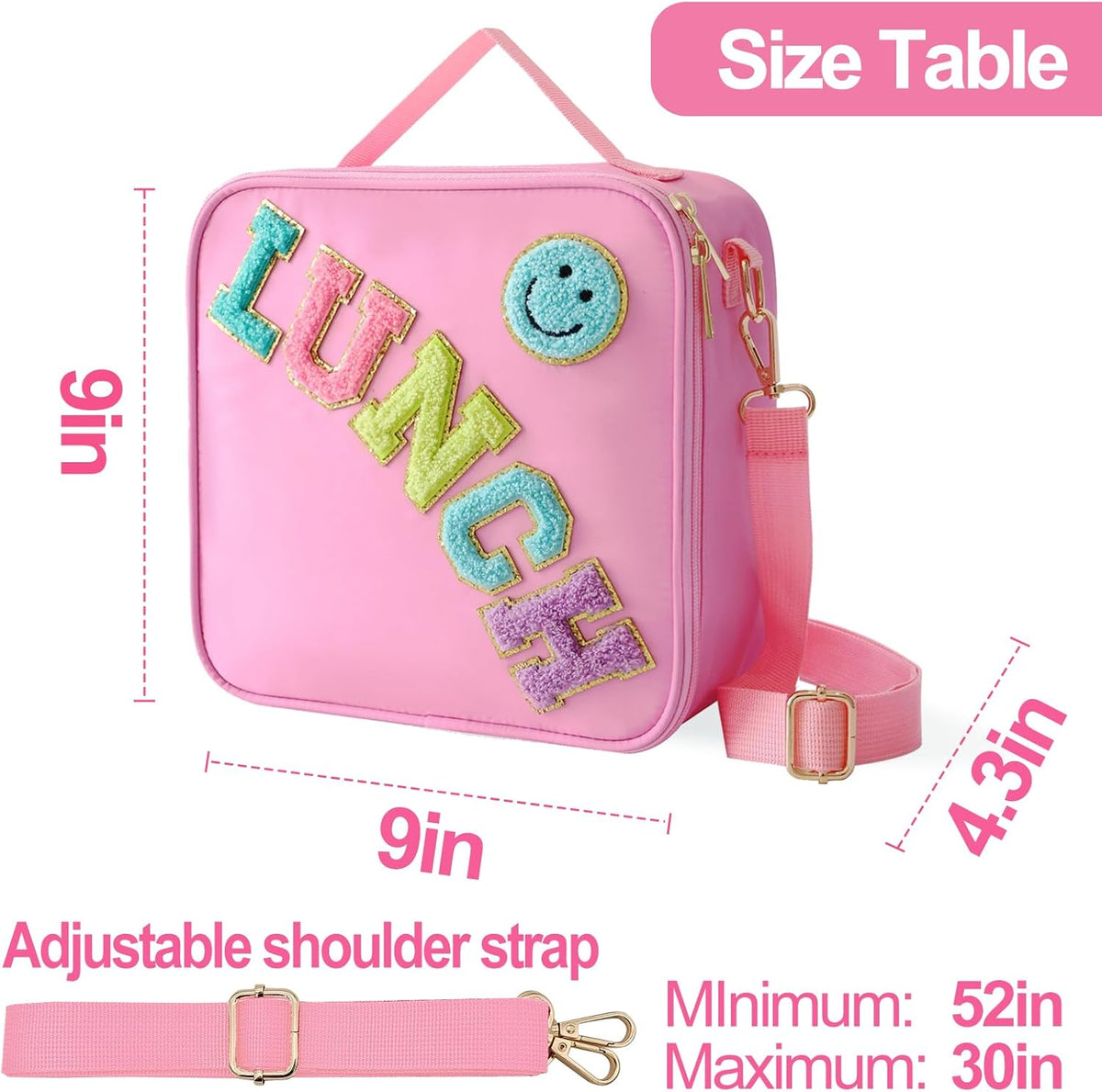 Insulated Lunch Bag With Adjustable Shoulder Strap, Nylon Preppy Lunch Box Large Insulated Lunch Bag Reusable Lunch Tote Bag with Smiley Preppy LunchBag for Girls School Travel Picnic (Pink)