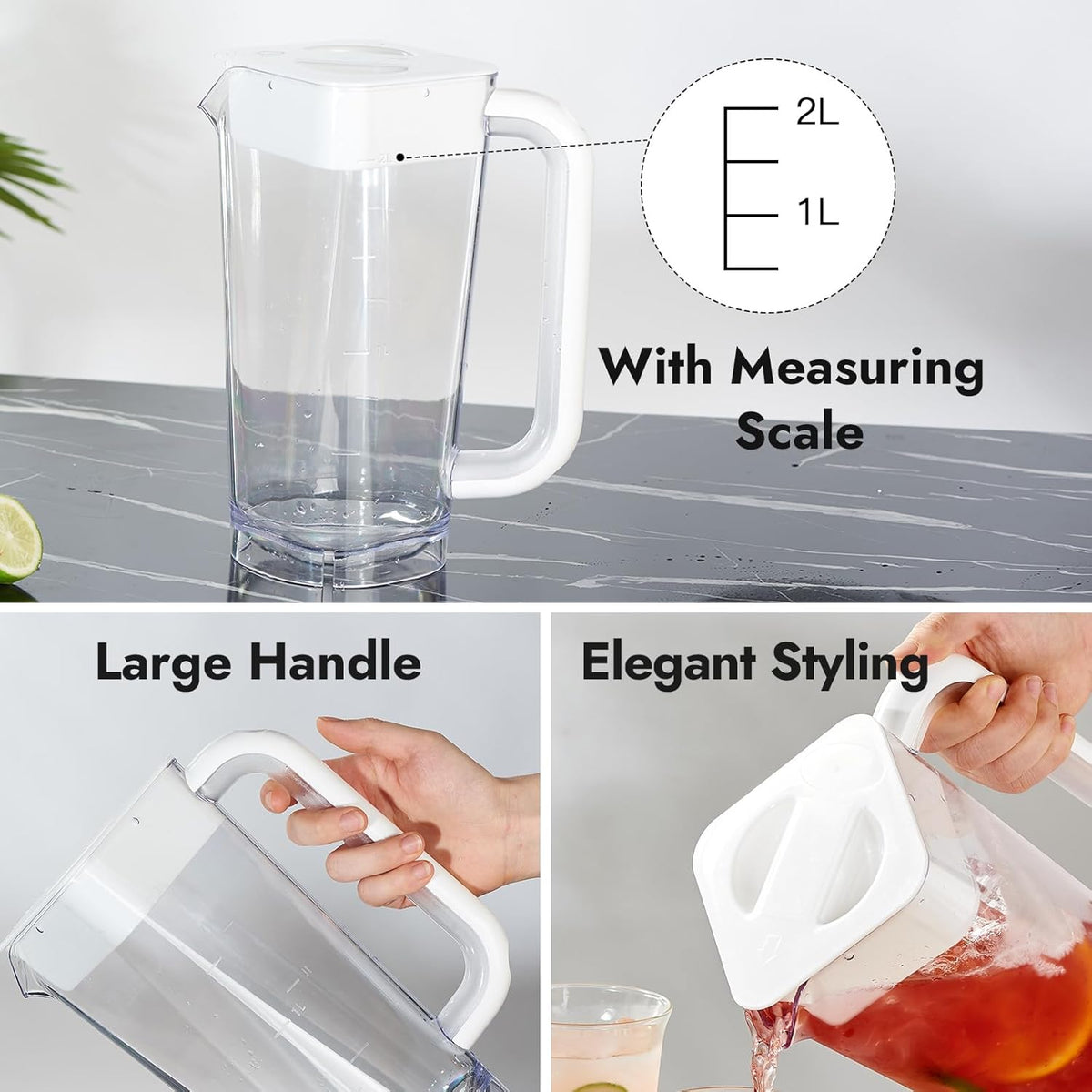 CURTA Plastic Pitcher with Lid, 2L Heavy-Duty Shatterproof Clear Water Pitcher with Handle for Lemonade, Coffee, Milk, Juice,cafeteria, 2 Pack