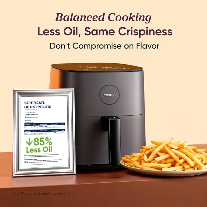 Cosori Air Fryer Pro, Compact 5QT, Ceramic Coating, 7 Presets with Preheat & Keep Warm, 450โ, Easy to use & clean, Shake Reminder, 130+ In-App Recipes, Nonstick & Dishwasher-Safe Basket, Gray