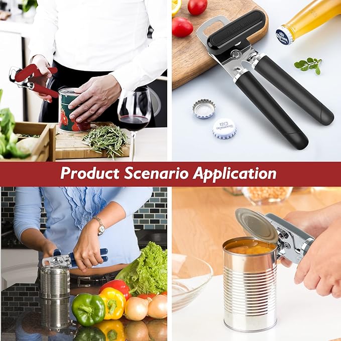10 Colors, Manual Handheld Heavy Duty Hand can Opener Smooth Edge Stainless Steel, Top Lid Kitchen Gadgets, Best Large Rated Easy Turn Knob, with Bottle Opener, Red