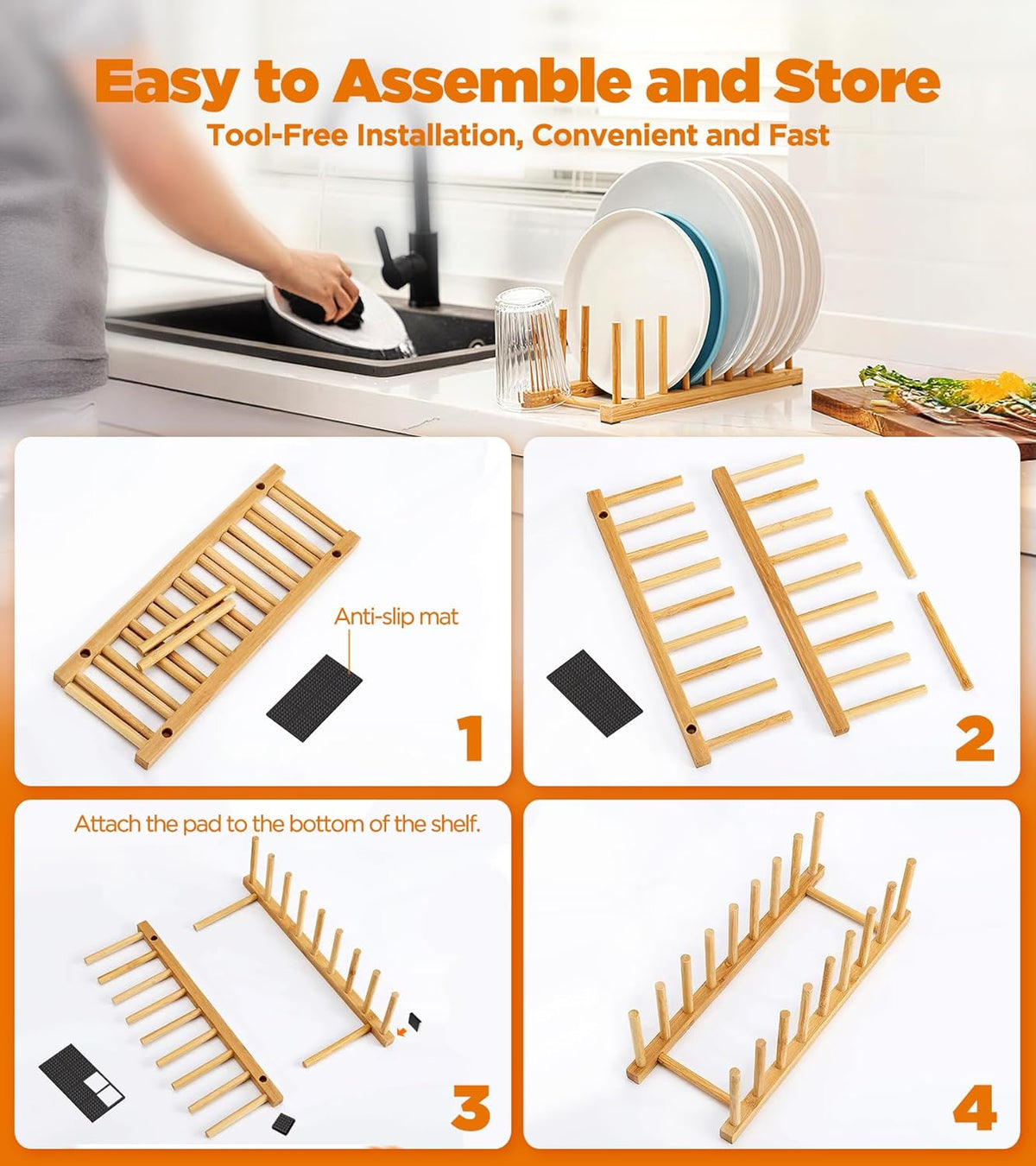 Bamboo Dish Drying Rack, 4 Pack Wooden Storage Holder Organizer for Plate/Bowl/Cup/Book/Pot/Lid/Cutting Board Drying Rack Stand Holder