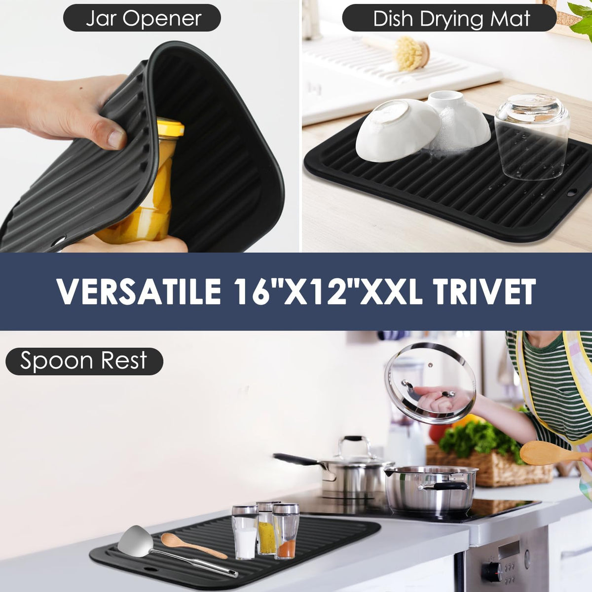Black Silicone Trivet 16'' X 12'' Silicone Hot Pads for Kitchen Nonslip and Heat Resistant Hot Pads Trivets for Kitchen Quartz Countertops (Black)