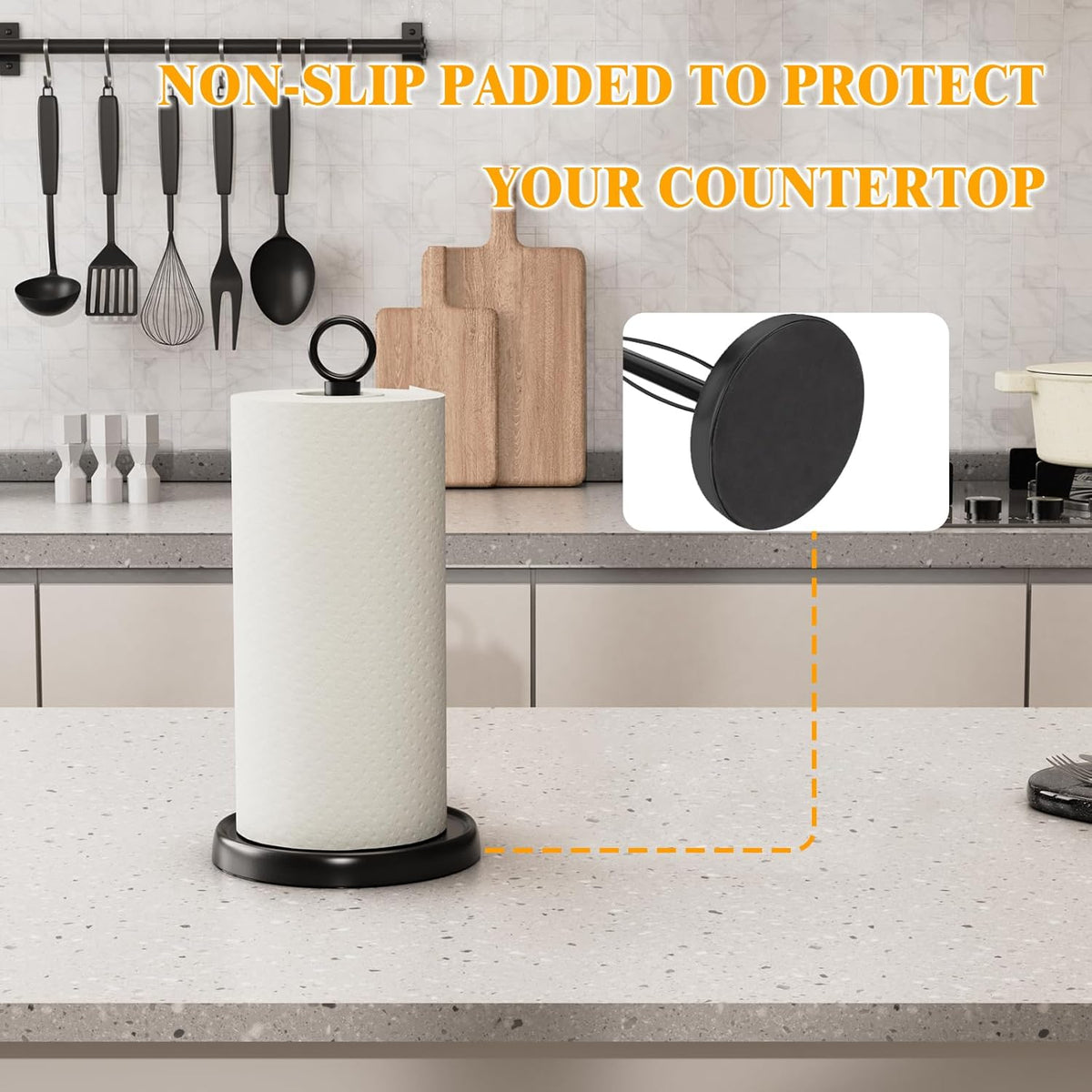 Black Paper Towel Holder Countertop, One-Handed Tear, Stainless Steel, Weighted Base, Ring Paper Towel Holder Stand with Ratchet System for Kitchen Farmhouse Essentials Decor