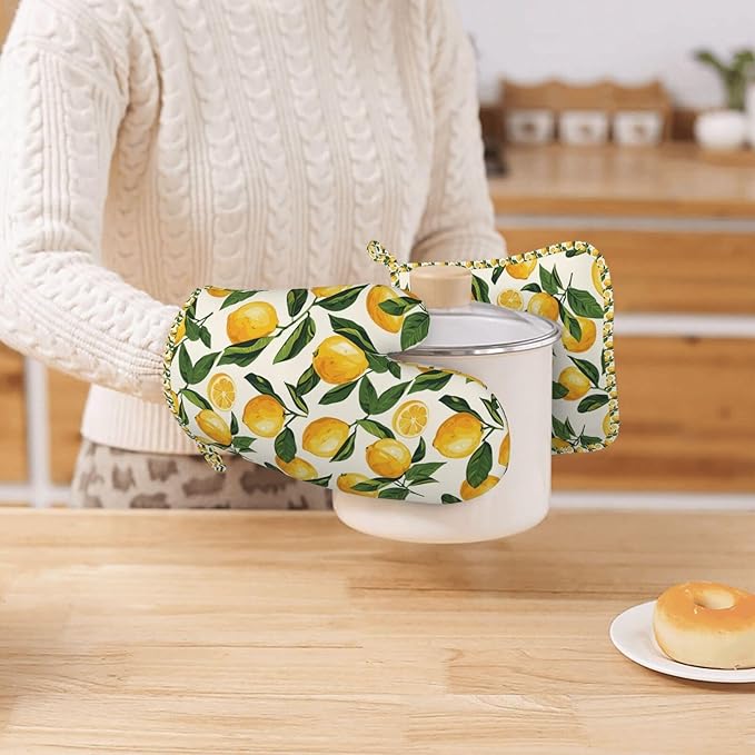 Oven Mitts and Pot Holders Set, Lemon Fruit Watercolor Silicone Kitchen Accessories 4 Piece Heat Resistant Long Gloves Potholder Non-Slip Grip for Chef Cooking Baking Grilling BBQ