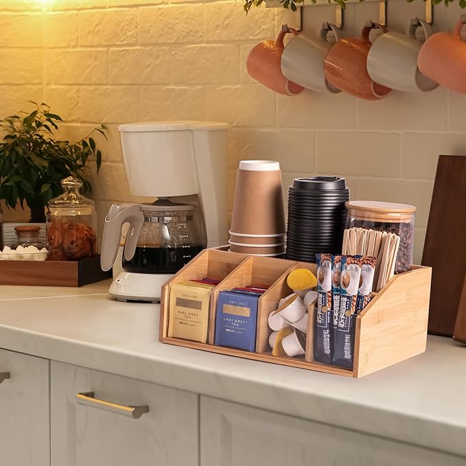 Bamboo Coffee Station Organizer for Countertop, Coffee Bar Accessories Organizer with 6 Compartments for Tea Bags Condiment, Pods, Creamer, Stirrer, Syrup, Cups
