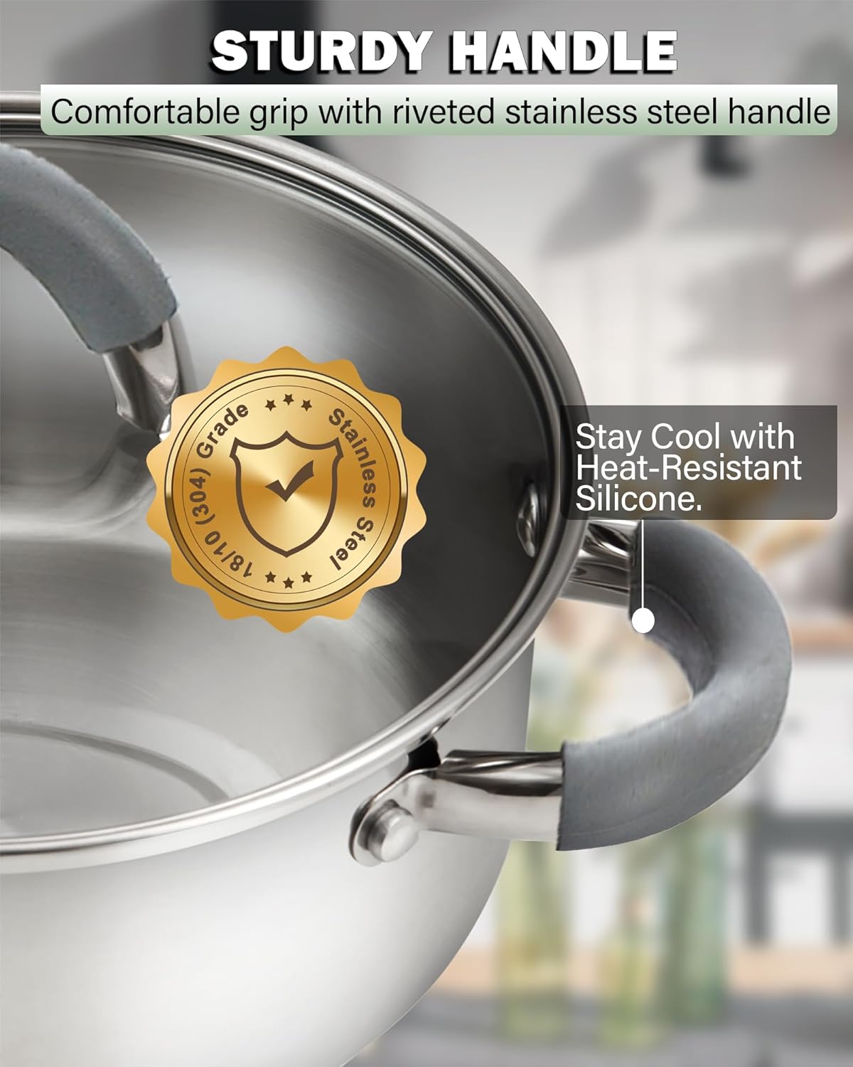 Cook N Home Kitchen Cookware Set, 12-Piece Basics Stainless Steel Pots and Pans Set with Grey Silicone Handle, Silver