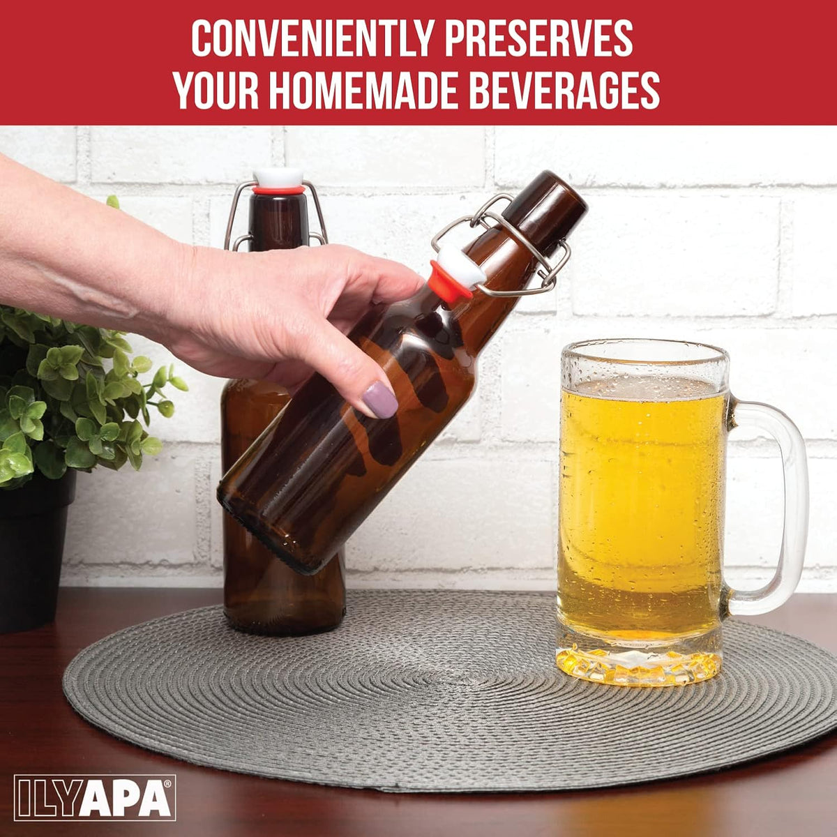 Ilyapa 16 oz Amber Flip Top Glass Beer Bottles for Home Brewing, Set of 12