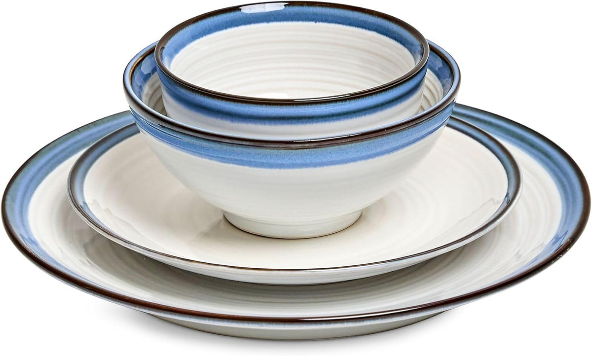 Sango Siterra Santorini 16-Piece White Stoneware Dinnerware Set – Service for 4, Plate & Bowl Set, Rustic White with Reactive Blue Glaze, for Daily Dining & Entertainment, Microwave & Dishwasher Safe
