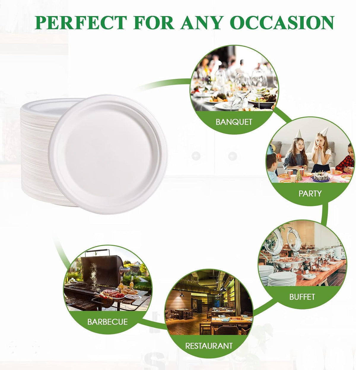 Vplus 150 Pack Paper Plates 9 inch 100% Compostable, Heavy-Duty Disposable Paper Plates Bagasse Natural Biodegradable Eco-Friendly Sugarcane(White)