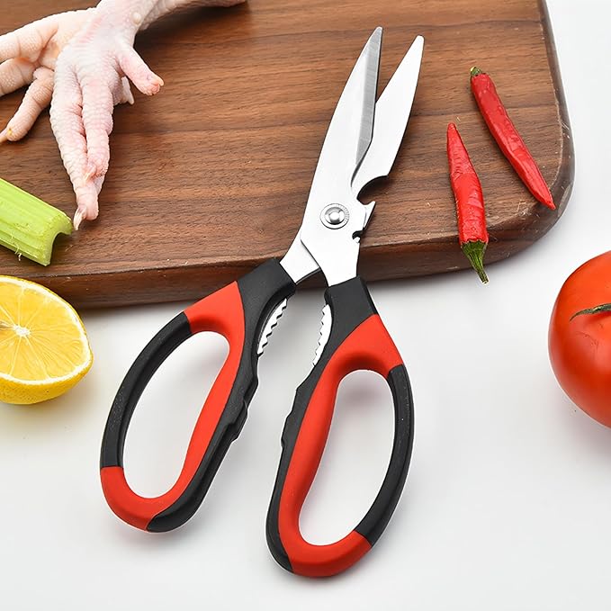 Multipurpose kitchen scissors, heavy duty meat poultry scissors, spice scissors, food cooking scissors, stainless steel utility scissors (1, red)