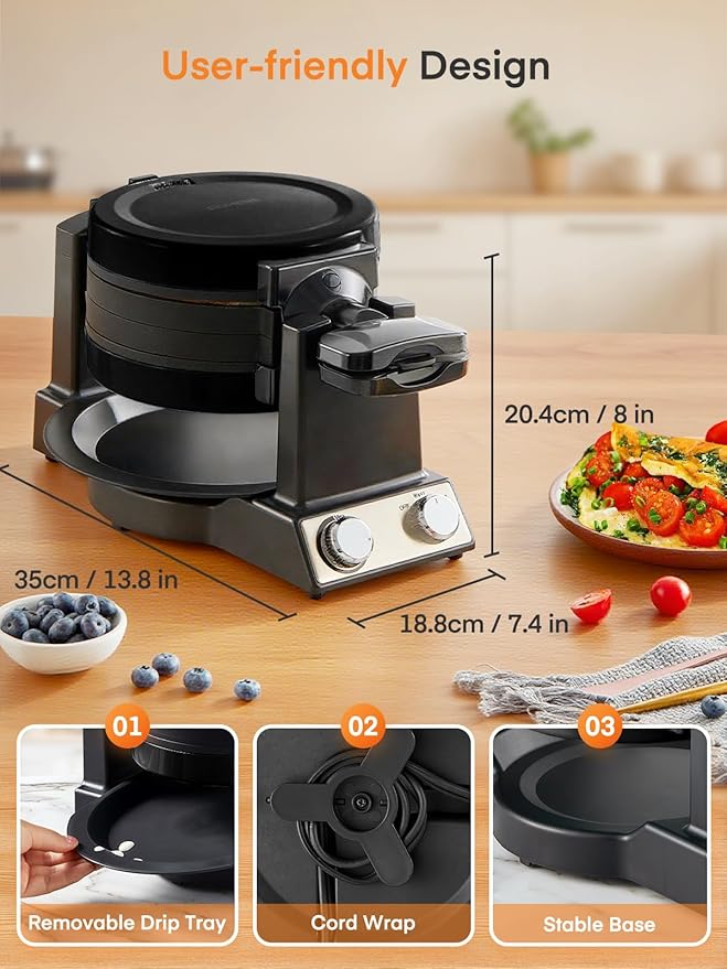 FOHERE 2-in-1 Omelette Maker&Waffle Maker, 1400W Omelet Maker 180Β° Flip, Adjustable Browning Control, Non-Removable & Nonstick Pans, Make Two Omelet and One Waffle at Once for Home (Dark Black)