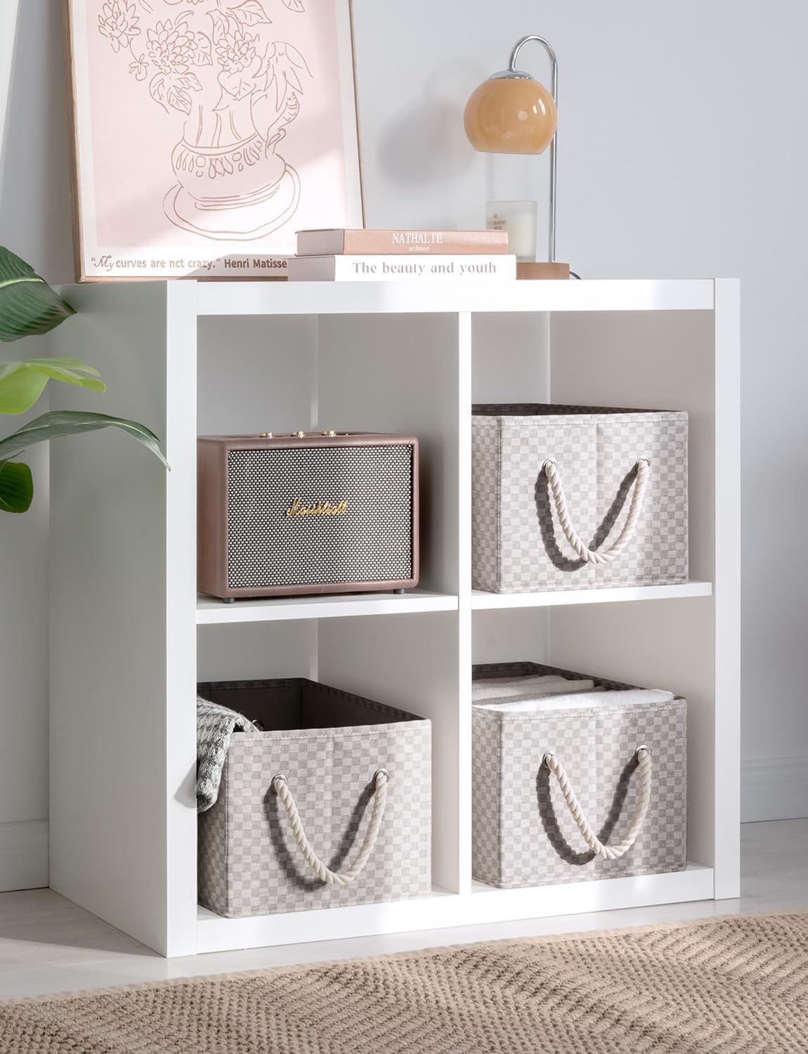 StorageWorks Storage Baskets for Shelves, Foldable Fabric Closet Storage Bins with Handles, Fabric Storage Bins Clothes Organizer, Khaki Check, 3-Pack, Large