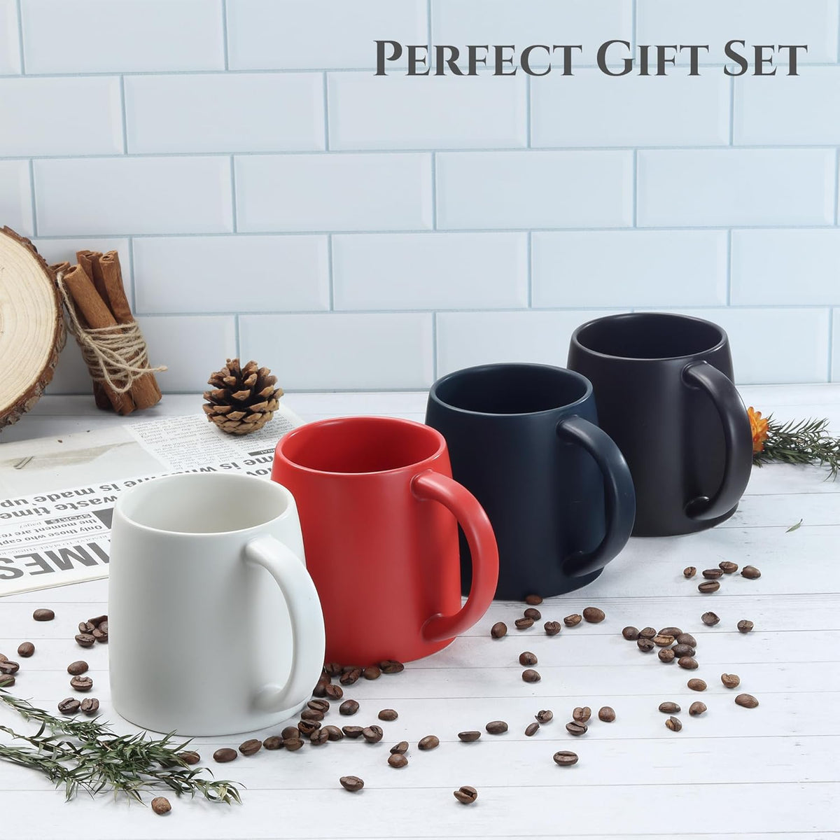 Classic Mug, 14 oz Large Coffee Mug with Handle, Ceramic Porcelain Tea Cup, Smooth Matte (Sliding Lid, Navy Blue)
