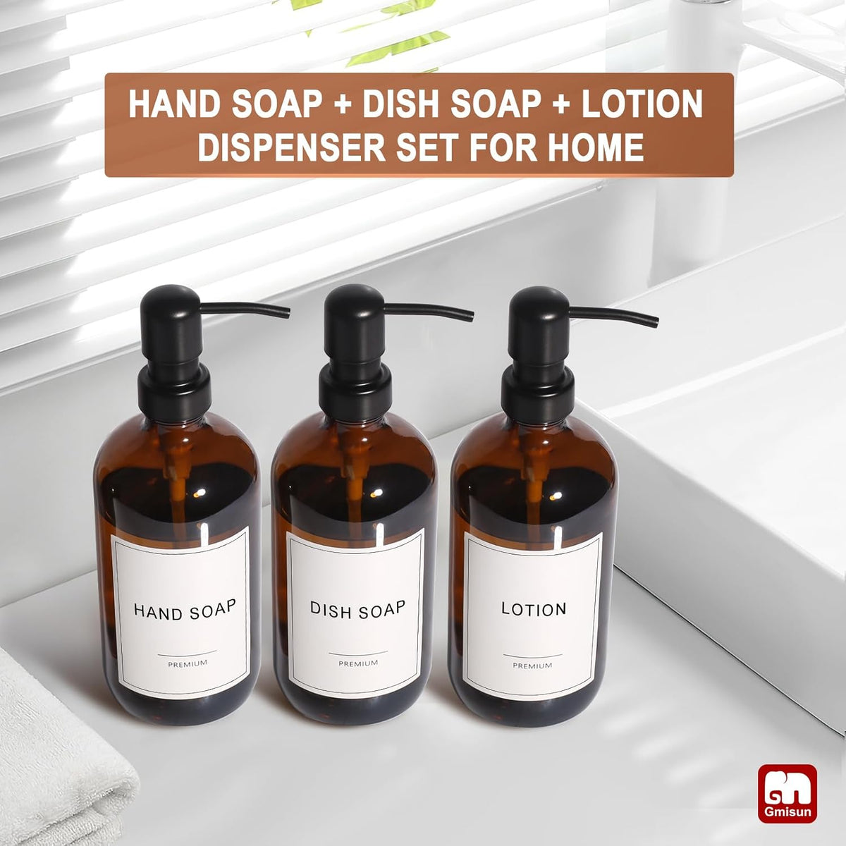 GMISUN Shampoo and Conditioner Dispenser, 3 Pack Amber Glass Bathroom Shampoo Conditioner Body Wash Dispenser with Pump for Shower, 17 Fl Oz Hand Soap Dish Soap and Lotion Dispenser Set for Kitchen