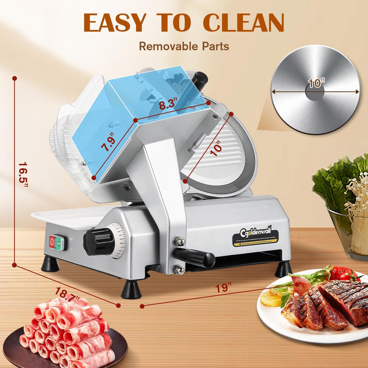 CGOLDENWALL Commercial Meat Slicer Machine, 240W 0-0.7" Adjustable Thickness Electric Deli Meat Cheese Food Slicer, 10" Semi-Auto Frozen Meat Slicer for Home, Copper Motor Low Noise Durable