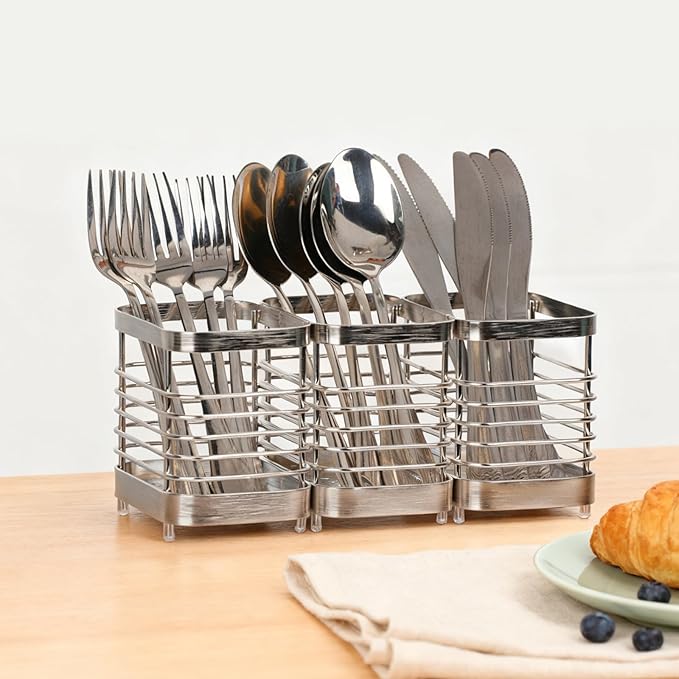 Utensil Holder, Stainless Steel Utensil Drying Rack for Kitchen Counter, Silverware Cutlery Flatware Holder Forks, Knives, Spoons, Chopsticks Organizer (Silver)