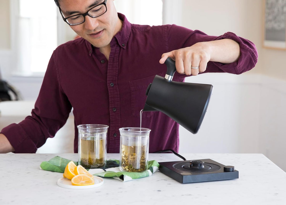 Fellow Corvo EKG Electric Tea Kettle - Electric Pour Over Coffee and Tea Pot-Quick Heating Electric Kettles-Temperature Control & Built-In Brew Timer-Matte Black with Walnut Handle-0.9 Liter