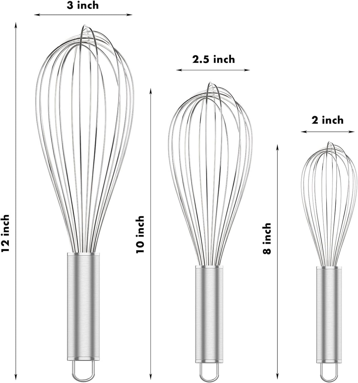 304 Stainless Steel Whisk Set, Dishwasher Safe Rustproof Metal Whisk, Professional Balloon Wire Whisks for Kitchen Cooking, Perfect For Blending, Whisking, Baking, Beating, 3 Packs (8" 10" 12")