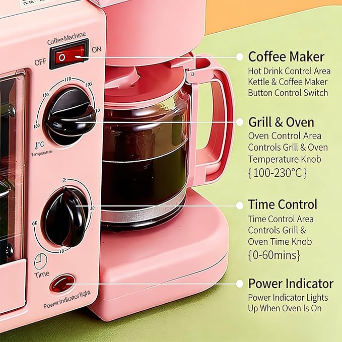 9L, 3-in-1 multifunctional home breakfast machine, mini oven, coffee machine, with timer,visible window (Pink)