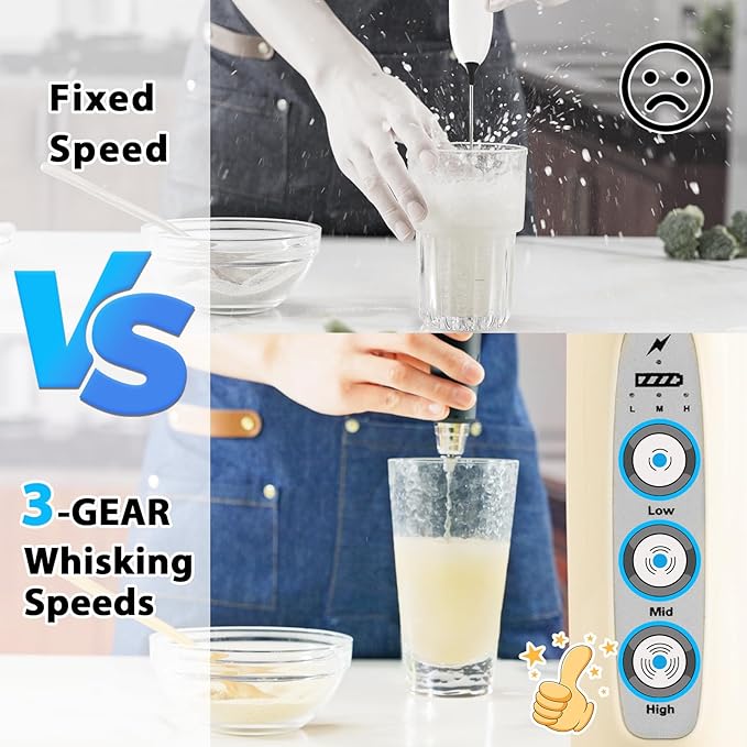 Milk Frother Rechargeable Handheld for Coffee-Drink Mixer 3 Speed Adjustable, Frother Wand with 3 Stainless Whisks, Electric Foam Maker, Electric Whisk for Latte Cappuccino Matcha Egg