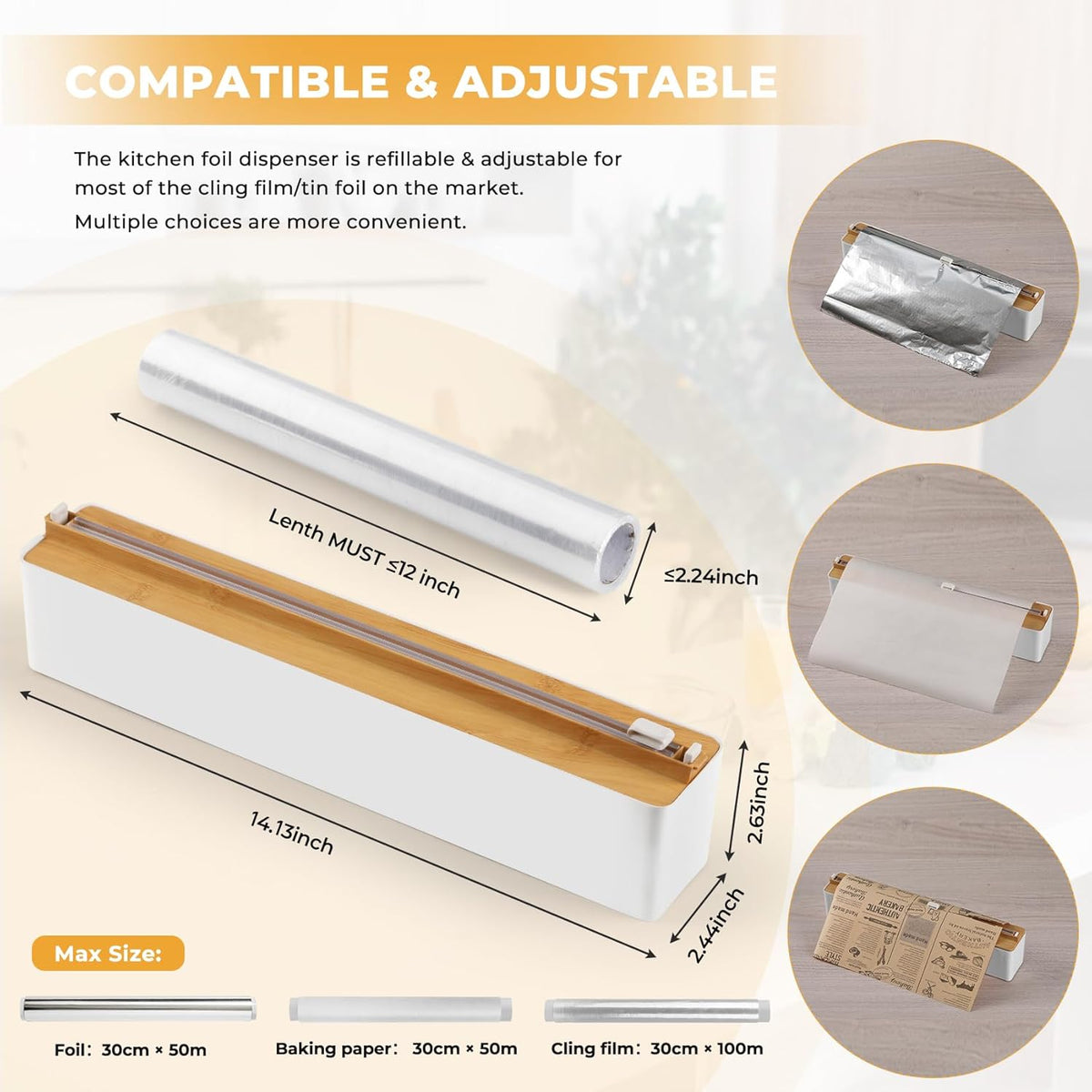 Magnetic Plastic Wrap Dispenser with Cutter - Quasziwa Upgrade Practical Refillable Cling Wrap Aluminum Tin Foil Organizer for Drawer, Include an Extra Roll of 12"X 164' Food Cling Film - Wood Grain