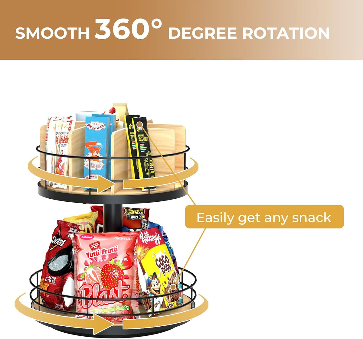 Snack Organizer - Versatile Snack Storage 2 Tier Lazy Susan with Convenient Grab-and-Go Design, Wood and Metal Snack Holder for Home, Office, Breakroom, 12.13" L x 12.13" W x 12.56" H