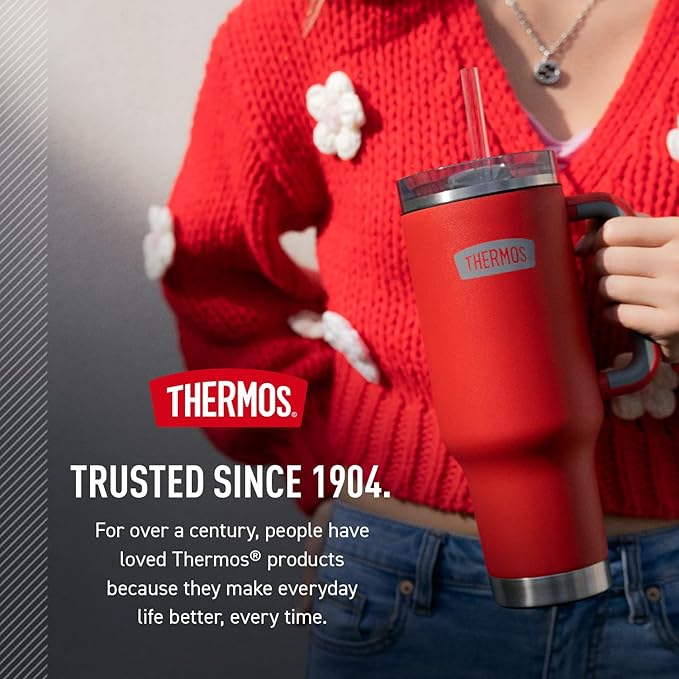 THERMOS Stainless Steel Cup Holder Mug - 40 Ounce, Plum - Insulated Tumbler with Lid and Straw, Plus Leak-Resistant Slide Lock