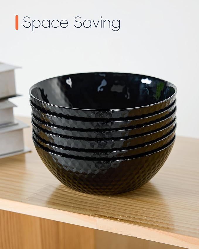 27 OZ Max Cereal Soup Bowl Set of 6, Opal Glass 7.2 inch Black Geometric Faceted Bowls for Ramen, Noodle, Salad, Fruit, Dishwasher and Microwave Safe