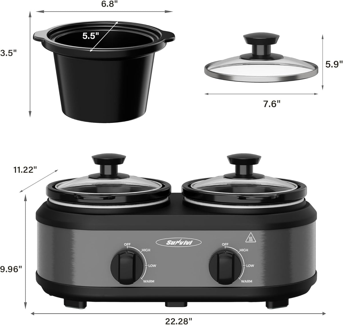 Sunvivi Dual Slow Cooker, Buffet Servers and Warmer with 2 Removable Ceramic Pots, Slow Cooker Food Warmer with Adjustable Temp & Glass Lids, Stainless Steel, 2 x 1.25 QT, Silver Grey