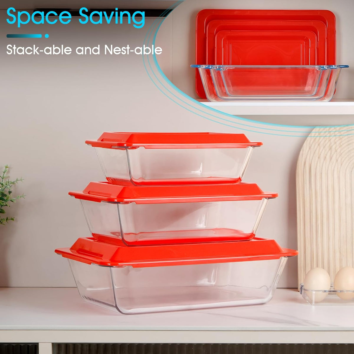 NUTRIUPS Deep Glass Baking Dish with Lids, 1.5+2.4+3.7Qt 3-Pack Deep Lasagne Dish for Oven, Rectangular Glass Bakeware