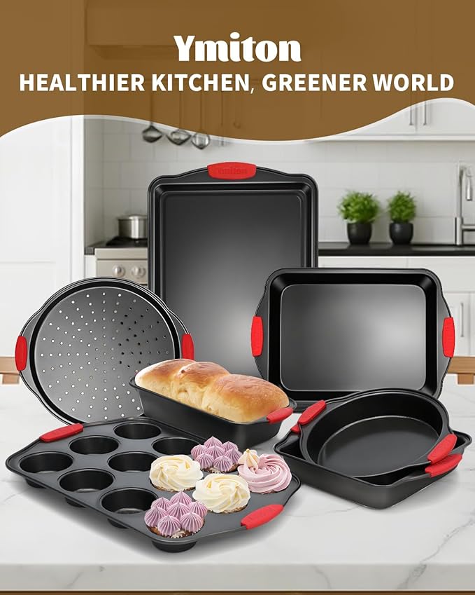 Baking Pans Set with Silicone Handles, 34 PCS Nonstick Bakeware Sets, Oven Pan Set Includes Baking Tray, Cookie Sheet, Cake Pans, Loaf Pan, Muffin Pan, Pizza Pan