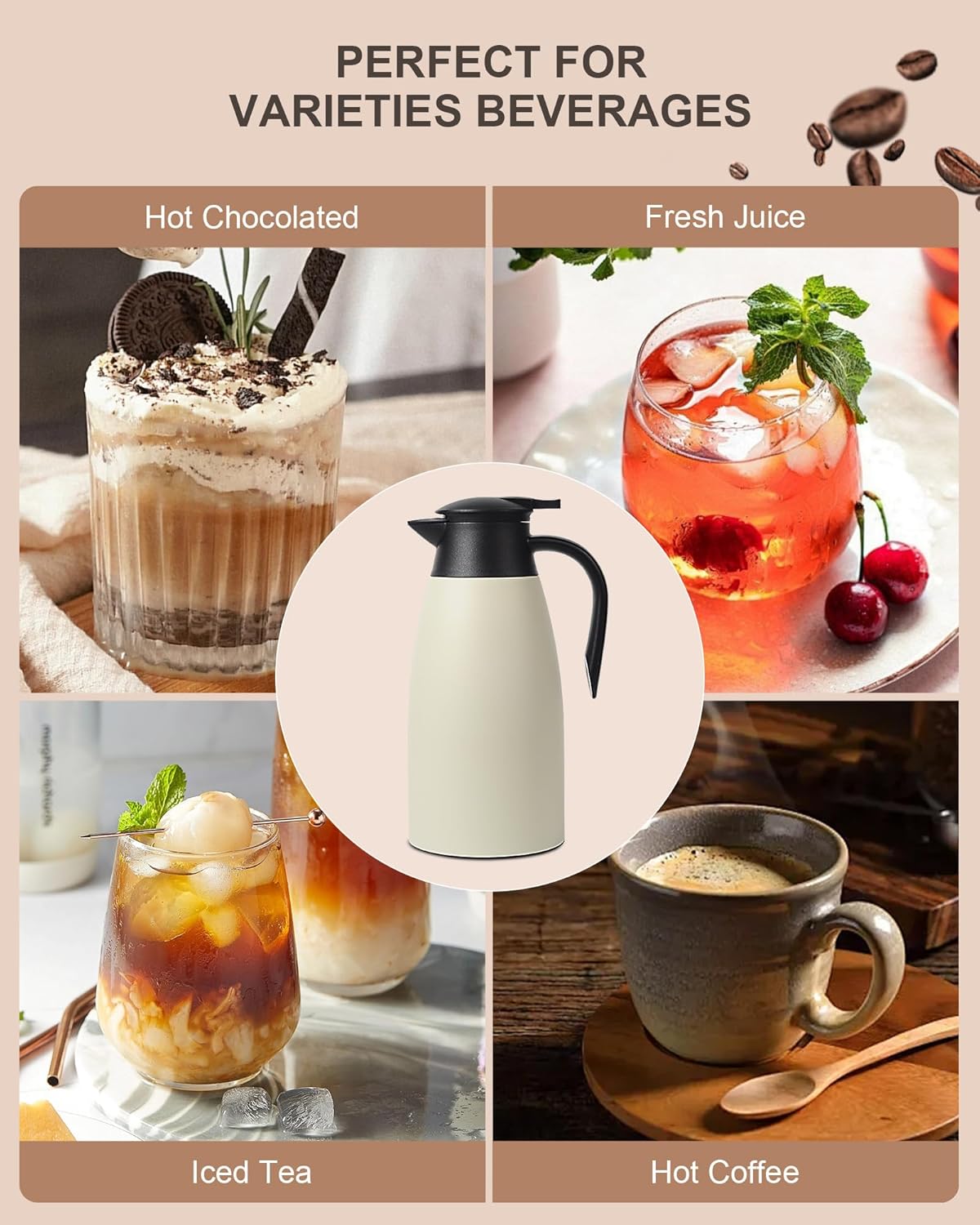70 Oz Stainless Steel Coffee Carafe, Keeps Hot Beverages for 12 Hours, Double Walled Vacuum Insulated Carafe (White)