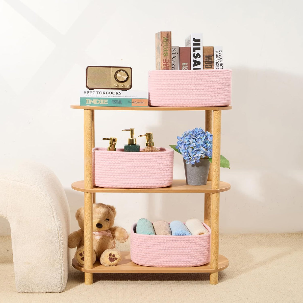 Small Storage Baskets for Organizing | Closet Organizer Bins | Shelf Toy Basket | Woven Rope Baskets | Cube Decorative Box | Shallow Basket | 13x8.5x5.1” | 4 Packs Light Pink