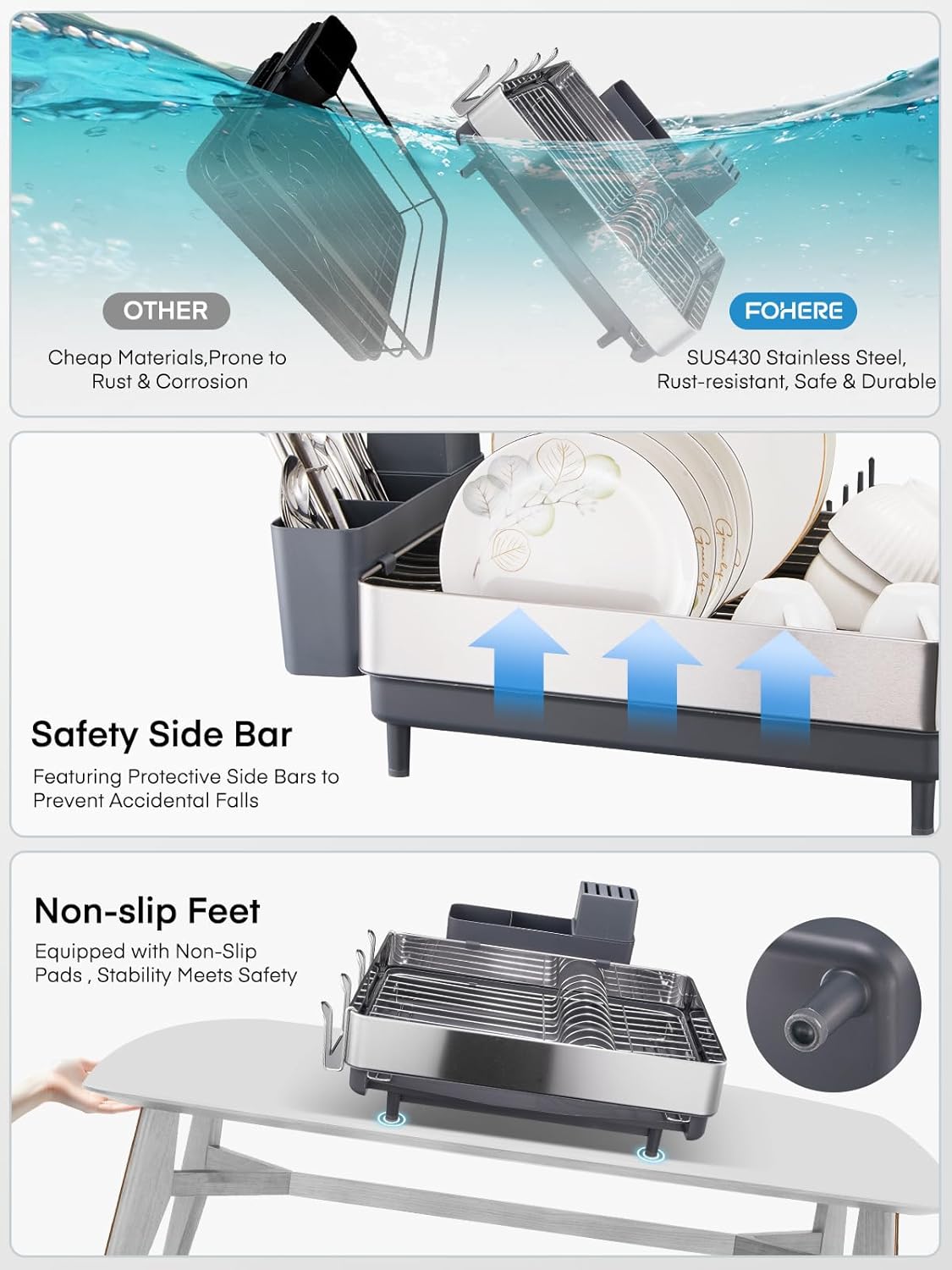 FOHERE Large Dish Drying Rack, Expandable Dish Rack, Stainless Steel Dish Rack for Kitchen Counter, Anti-Rust Dish Drainer with Cutlery & Cup Holders for Dishes, Knives, Spoons and Forks, Grey