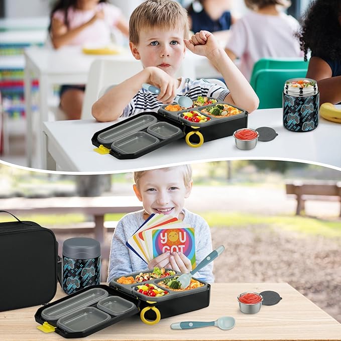 wiwens Bento Lunch Box for Kids with 12oz Soup Thermo Leak-Proof Lunch Food Container with 5 Compartment Thermo Hot Food Jar and Insulated Lunch Bag for Kid Toddler Girls Boys to School