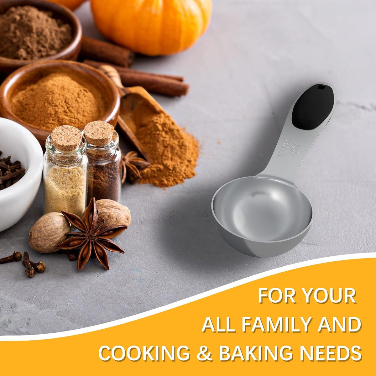 1PCS 1/2 Tbsp(1.5tsp, 1/4oz, 7.5ml) Single Measuring Spoon with Black Silicone Grip, Stainless Steel Individual Measure Scoop Only